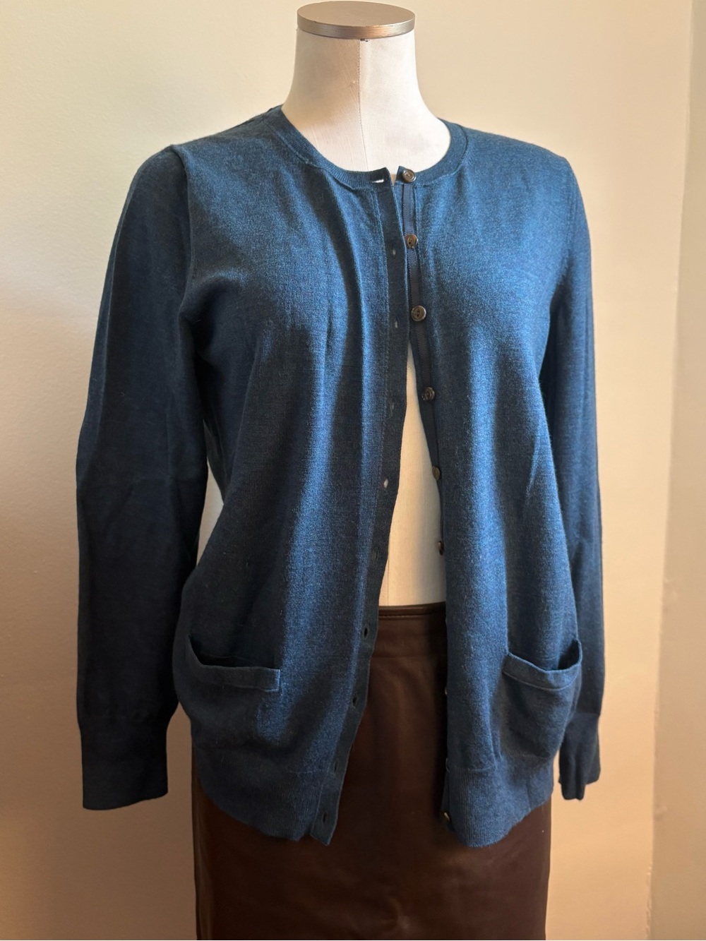 Dark Teal Crewneck Button-Front Women's Cardigan Sweater
